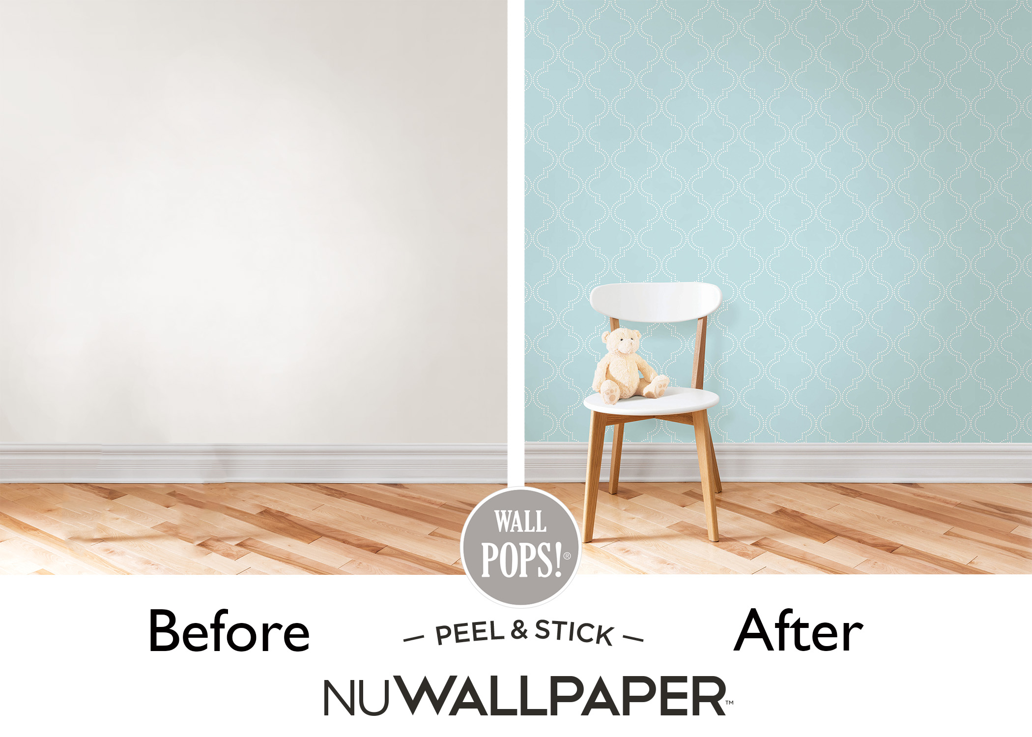 Blue Quatrefoil Peel & Stick Wallpaper NuWallpaper Before and After