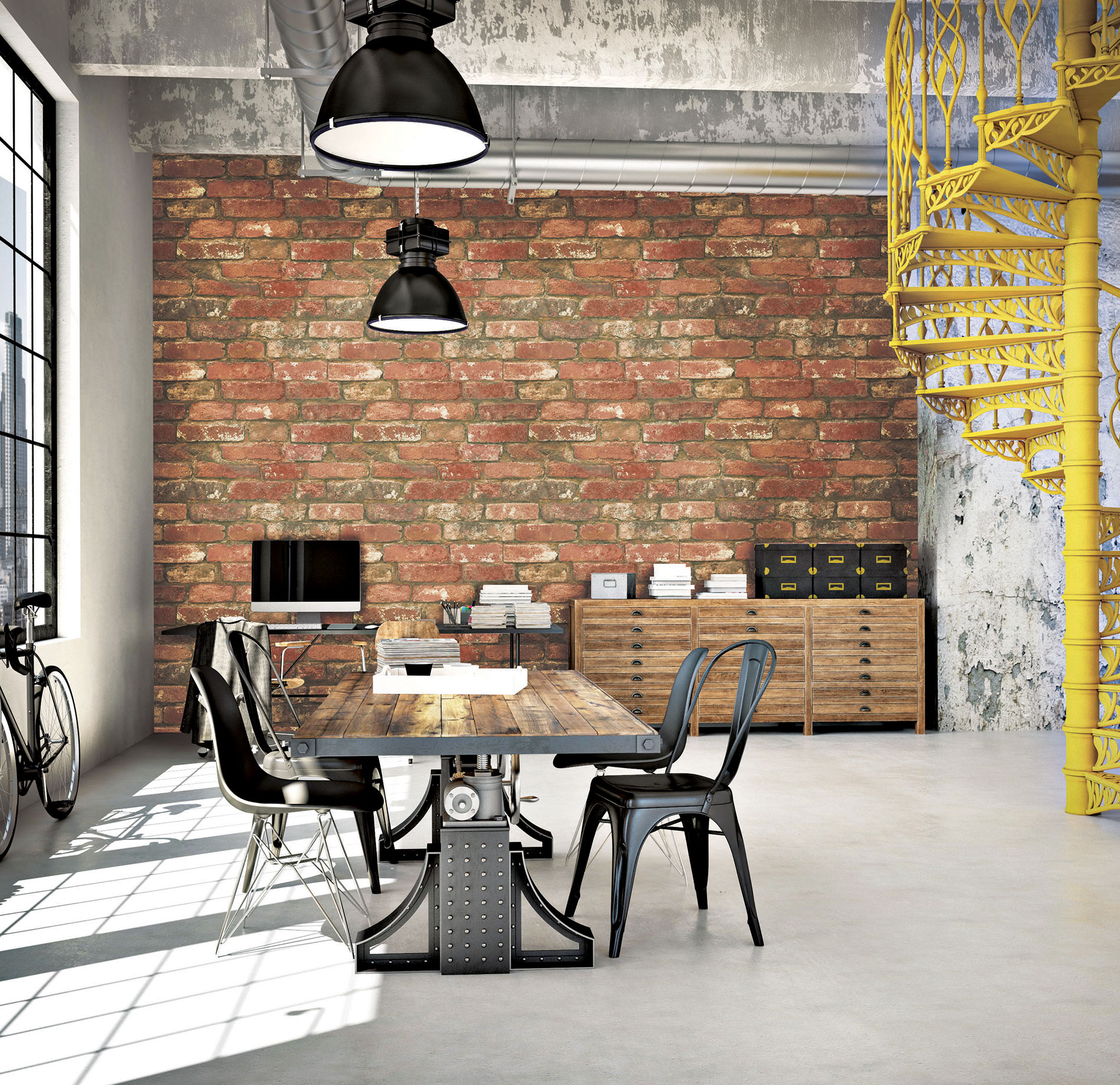 Spiral stairs and living room in modern loft