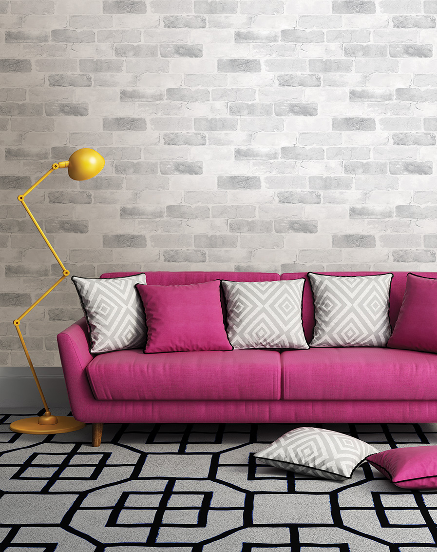 Modern loft living room with pink sofa
