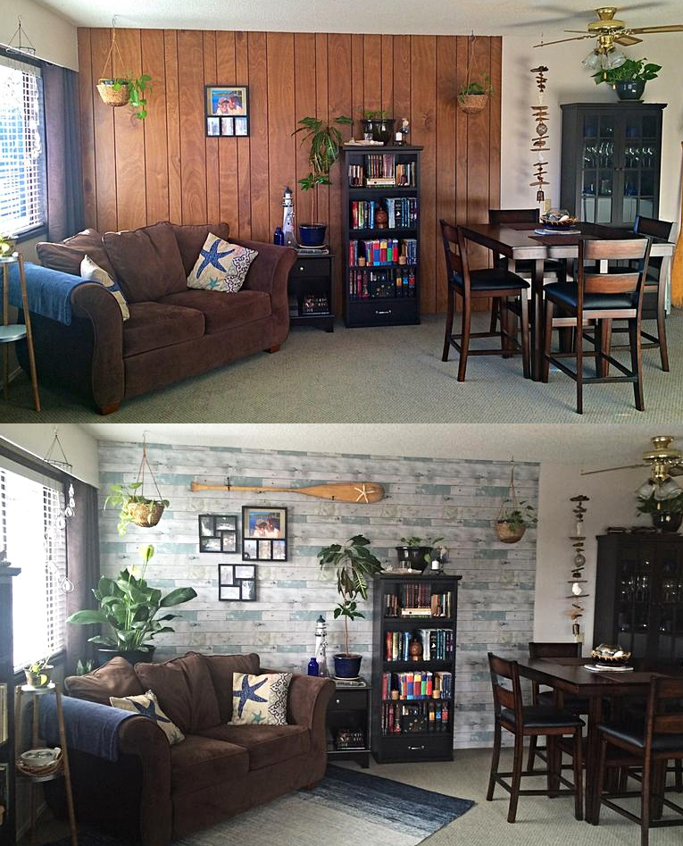 living room before and after using peel and stick beachwood wallpaper