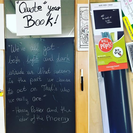 Chalkboard wall decal used in a classroom to write book quotes