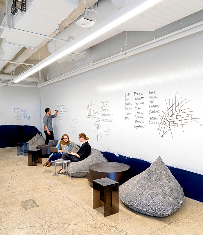 Minimalist modern office design with bean bags in meeting room and dry erase walls