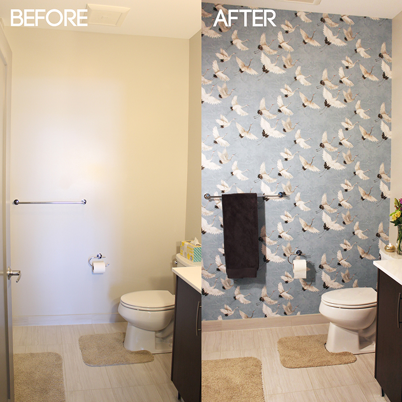 Bathroom Makeover with Crane Peel and Stick Wallpaper