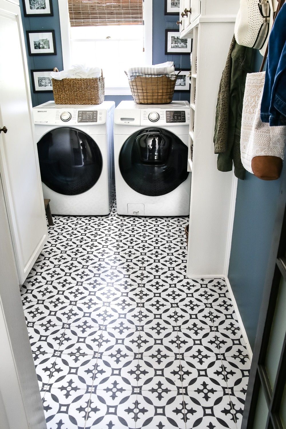 Classic black and white tile in laundry room