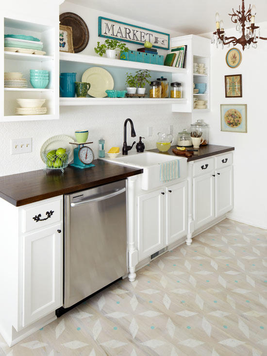 Farmhouse kitchen with light painted wood floor