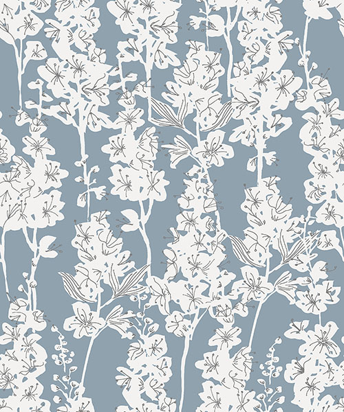 Light blue peel and stick wallpaper with white larkspur designed by Dylan M. Perfect for any smooth, flat space, this peel and stick wallpaper is renter friendly and farmhouse chic.