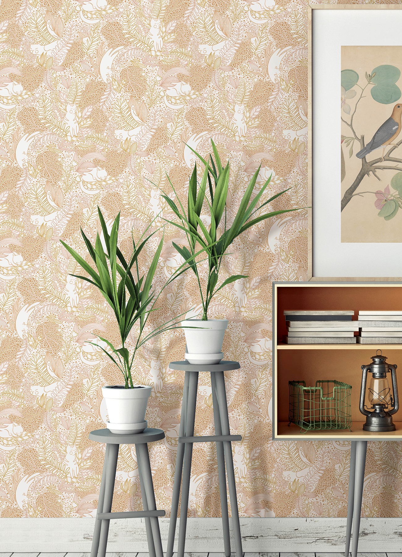Bring a whimsical touch of cuteness to any space with this botanical print! Curious white kittens explore a bright and cheery yellow gardenscape. Botanical Terracotta Gato Garden Novelty Peel and Stick Wallpaper comes on one roll that measures 20.5 inches wide by 18 feet long.
