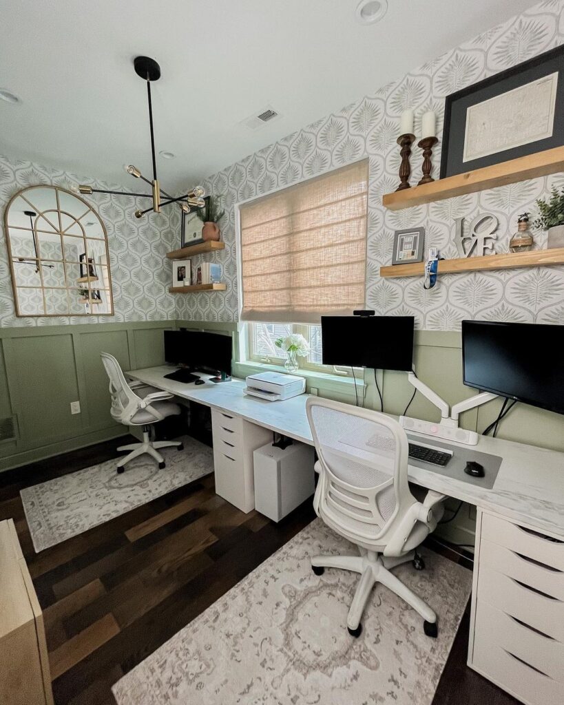 Home office space decorated with green and white  peel and stick NuWallpaper for a bohemian accent

