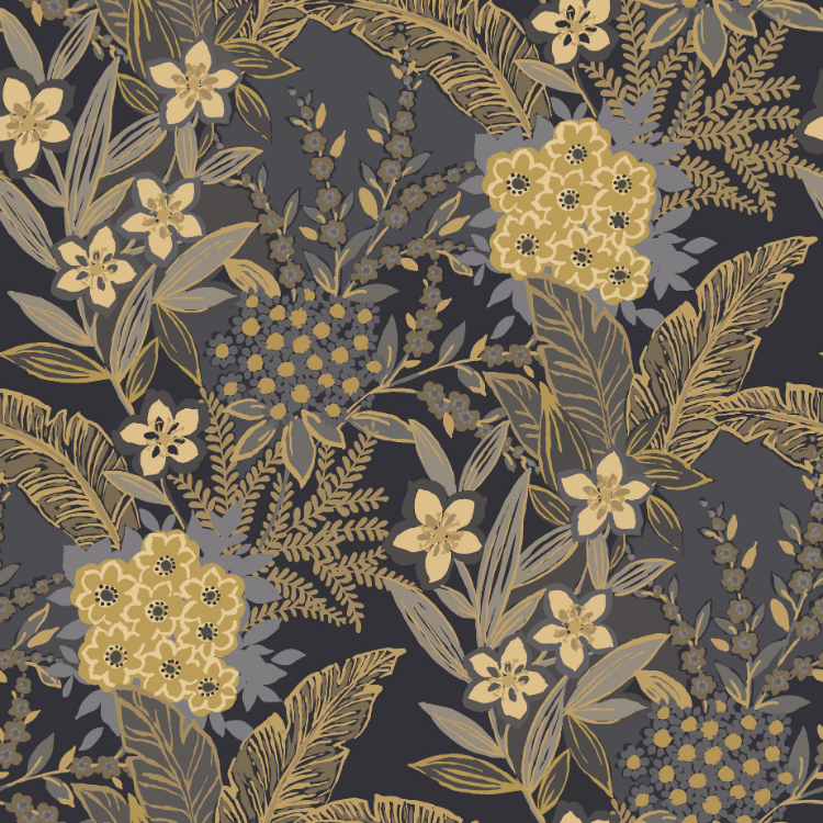 RuPaul peel and stick wallpaper; ruJardin is a tropical botanical print full of color and energy; colorway black