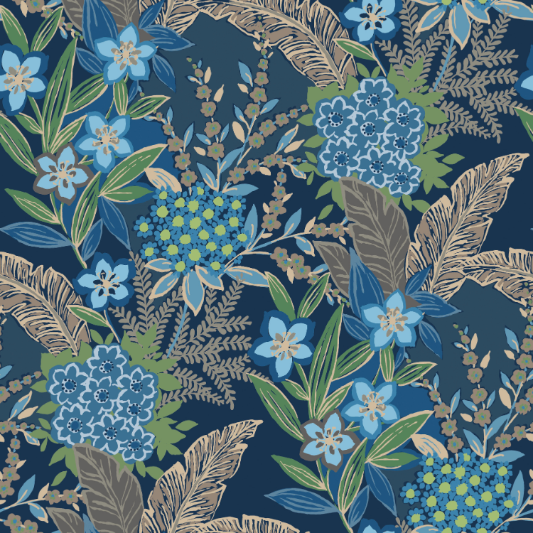 RuPaul peel and stick wallpaper; ruJardin is a tropical botanical print full of color and energy; colorway azure blue