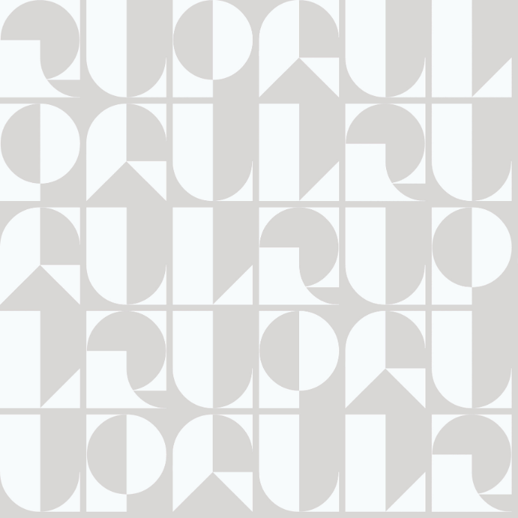 RuPaul peel and stick wallpaper; RuDeco pattern is an art deco inspired print that spells RuPaul in negative space lettering. shown in grey and white
